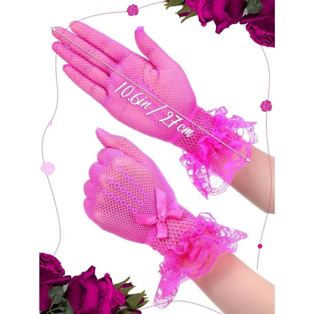 Women's Elegant Rose Red Short Bow Style Lace Gloves Dinner Wedding Party Prom